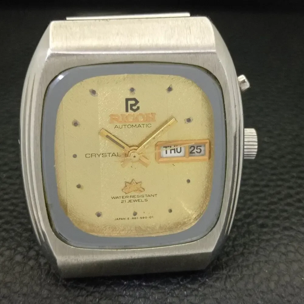 Vintage 1997 Square Ricoh Automatic Mens Silver Watch W/daydate & Gold accents